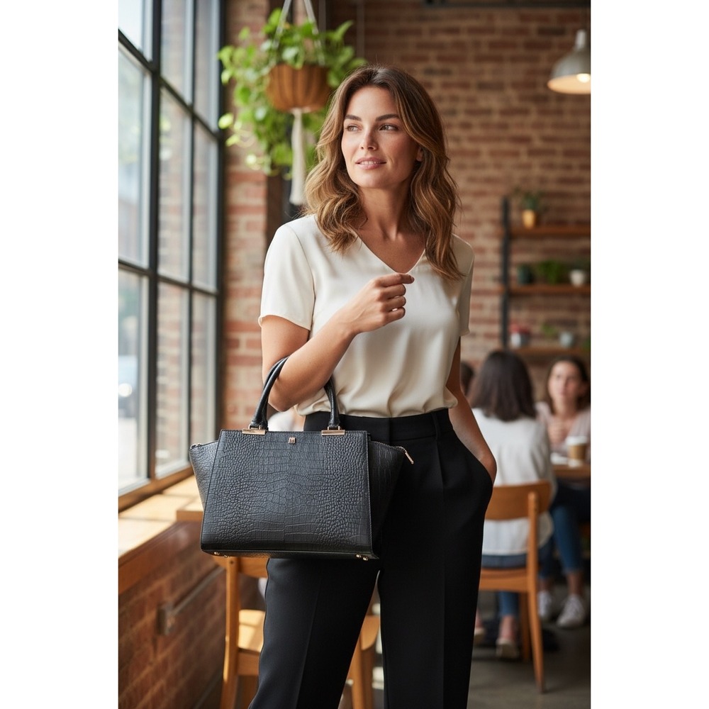 Antonio Melani Womens Black Croc Embossed Leather Satchel Handbag Gold Hardware